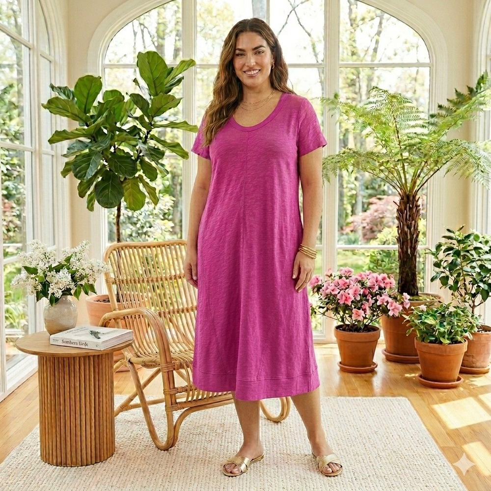 J. Jill Midi Dress Womens L Pink Slub Cotton Short Sleeve Relaxed Fit Casual